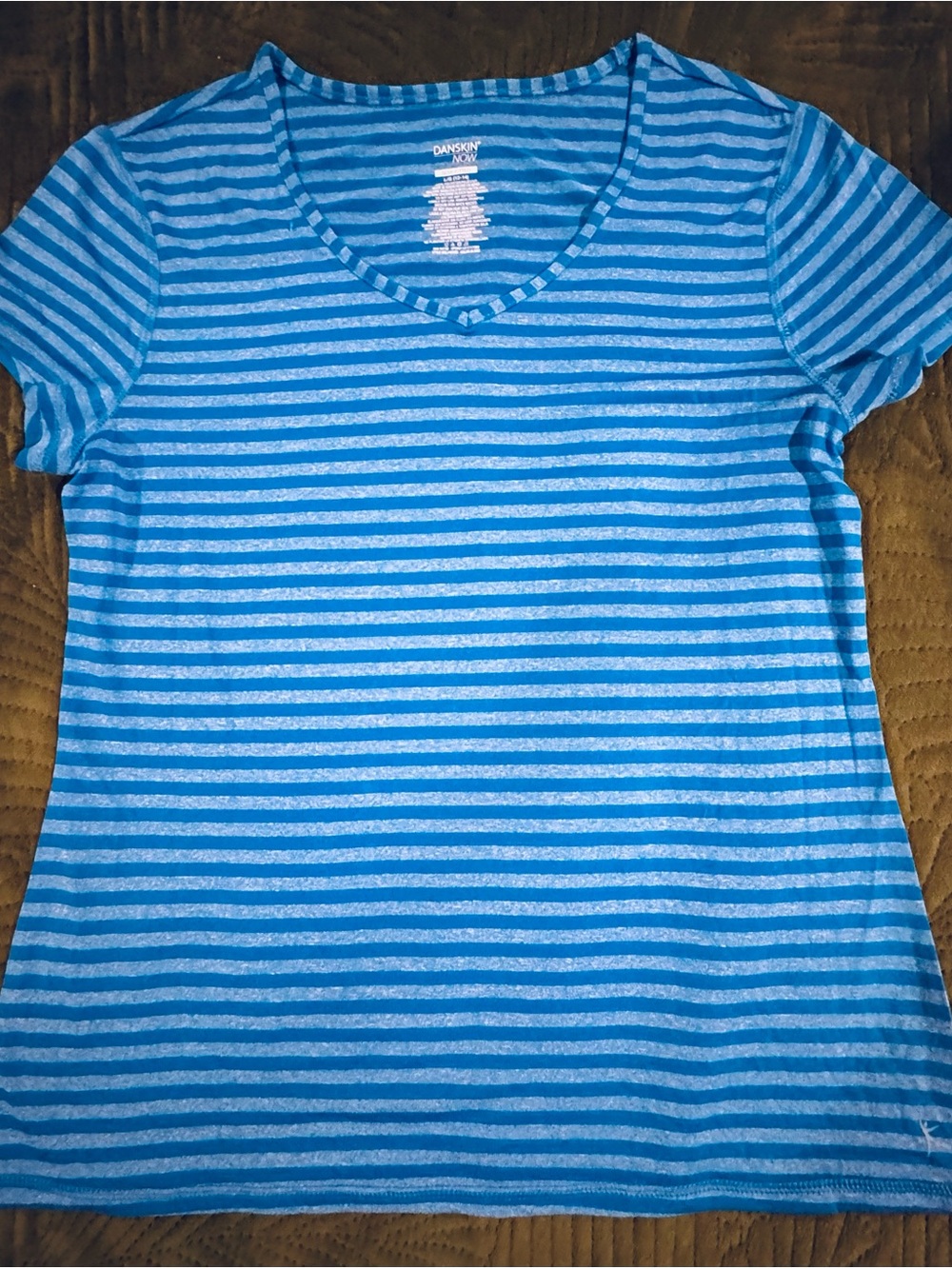 Danskin Now Women's Blue Striped V-Neck Short Sleeve Semi-Fitted Stretch Tee L
